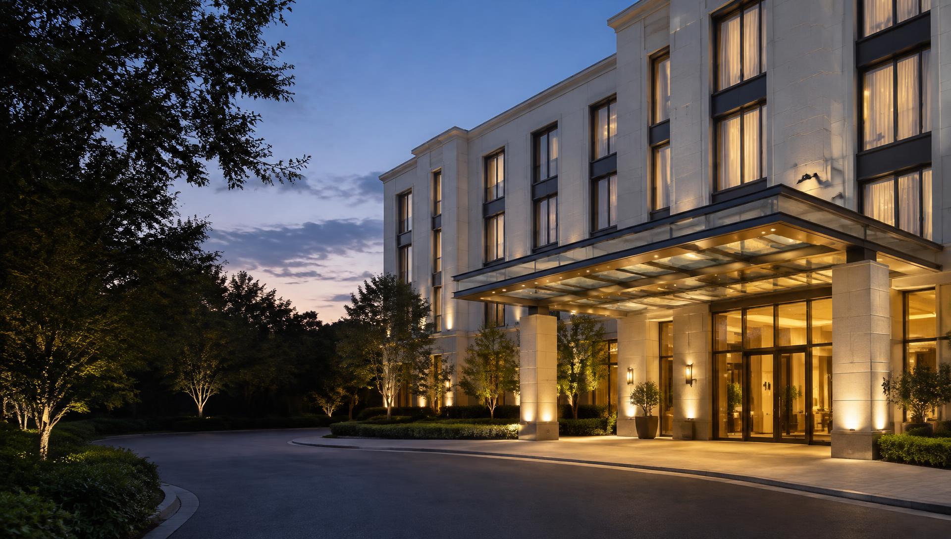 Contemporary business hotel entrance with warm architectural lighting
